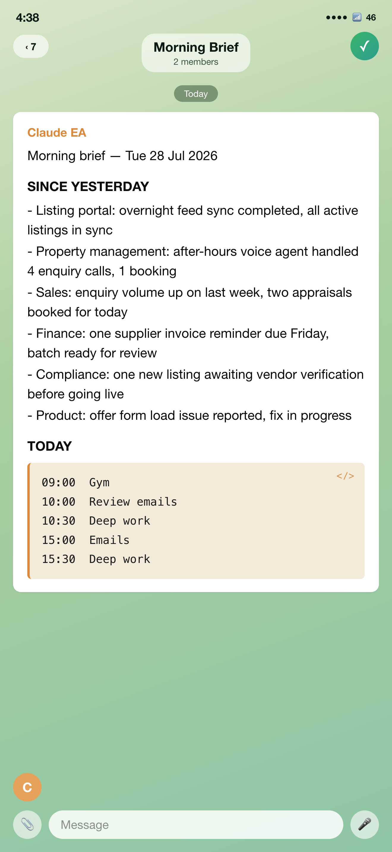Claude EA morning brief, shown in Telegram