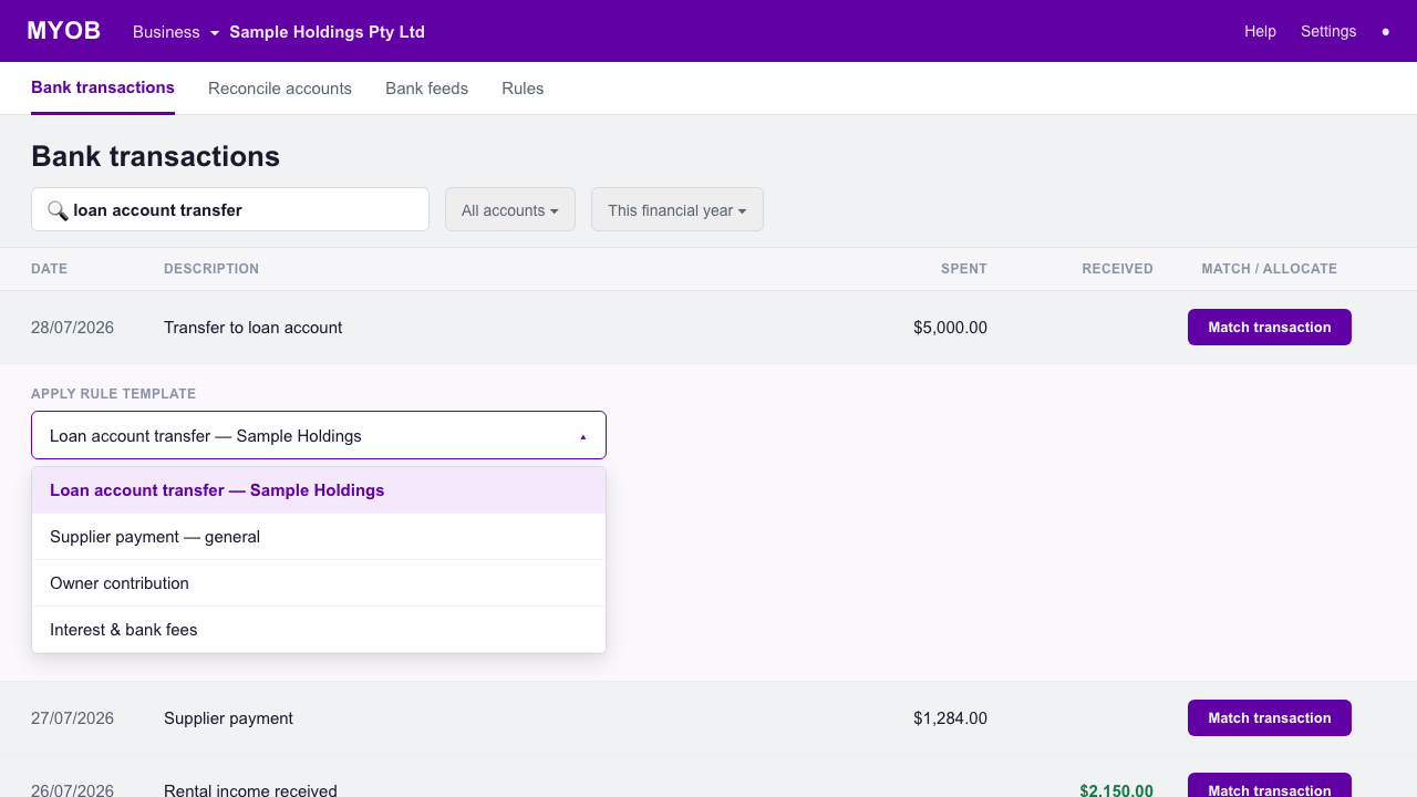 MYOB bank transactions, applying a reconciliation rule template
