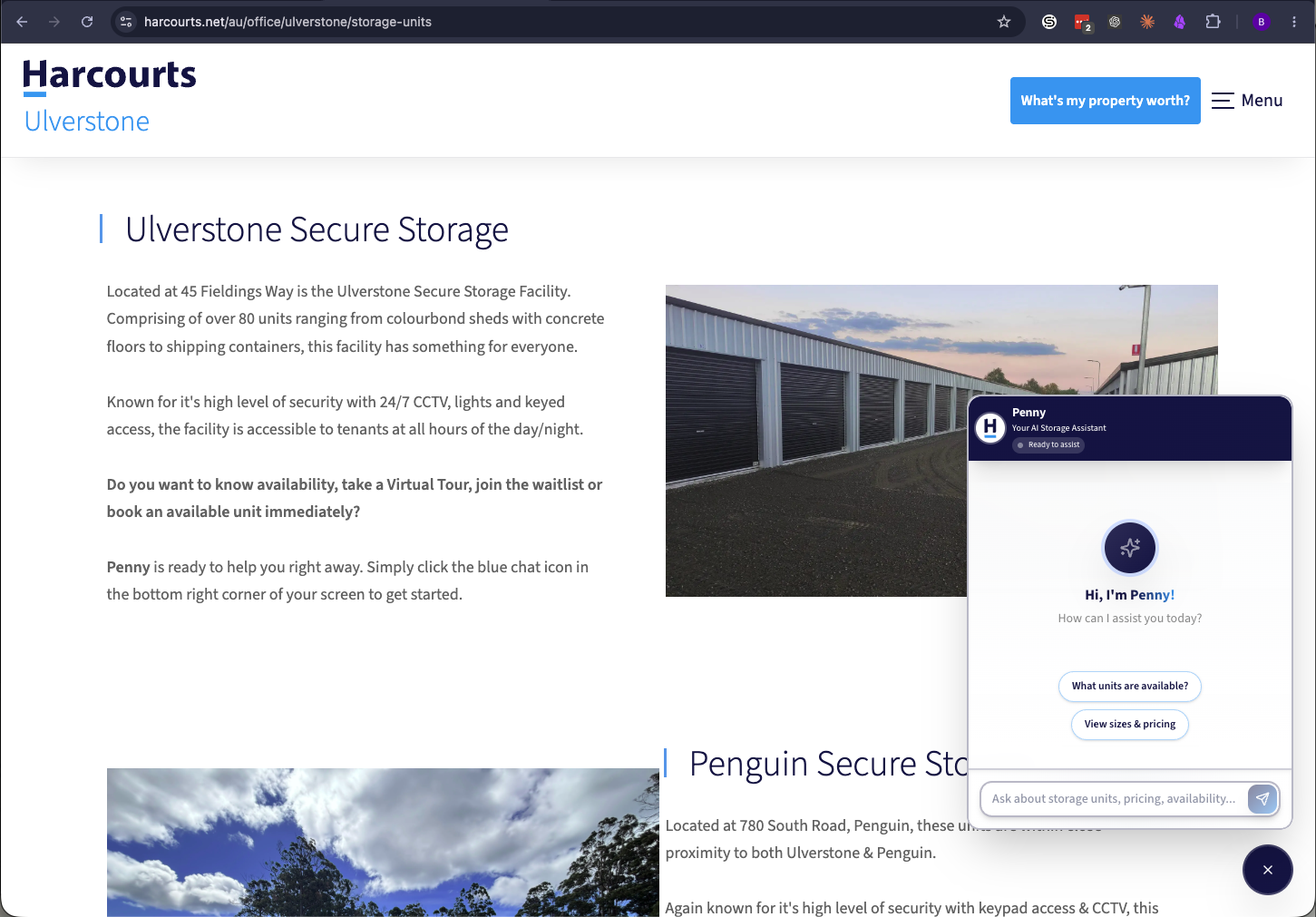 Ulverstone Secure Storage page with Penny, the AI storage assistant, live in the corner